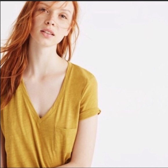 Madewell | Mustard V-Neck Pocket Tee - Picture 3 of 6